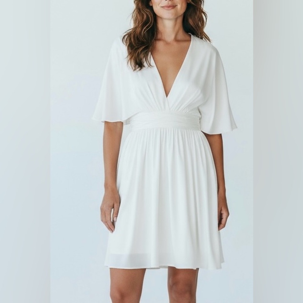 Ieena Mac Duggal White Satin Flowy Flutter Sleeve Mini Dress style #26605 size 2